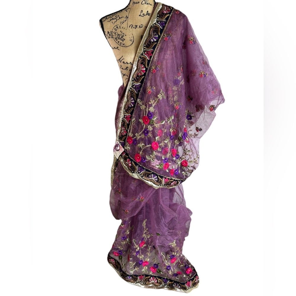 NWT Saree Swarg Embroidered Embellished Purple Net Saree with Gold Lame Trim